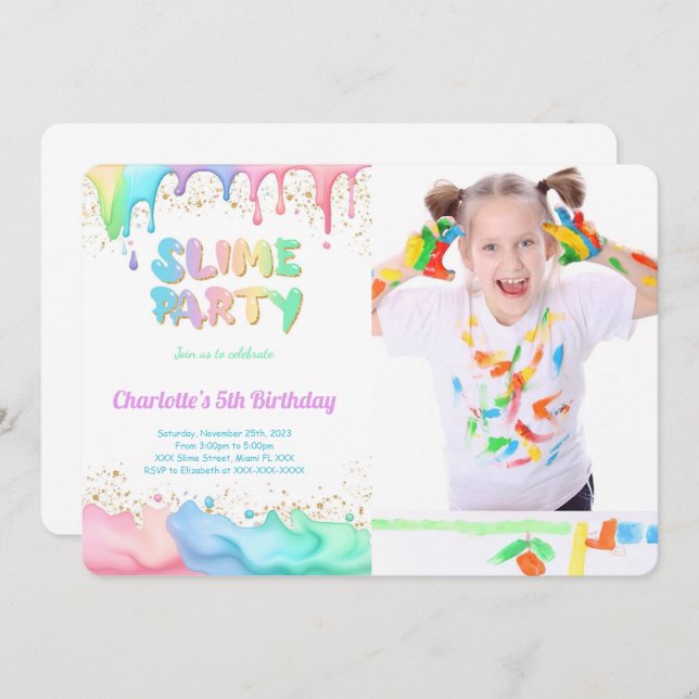 Invitación Foto de Slime Birthday Party (Anverso / Reverso)