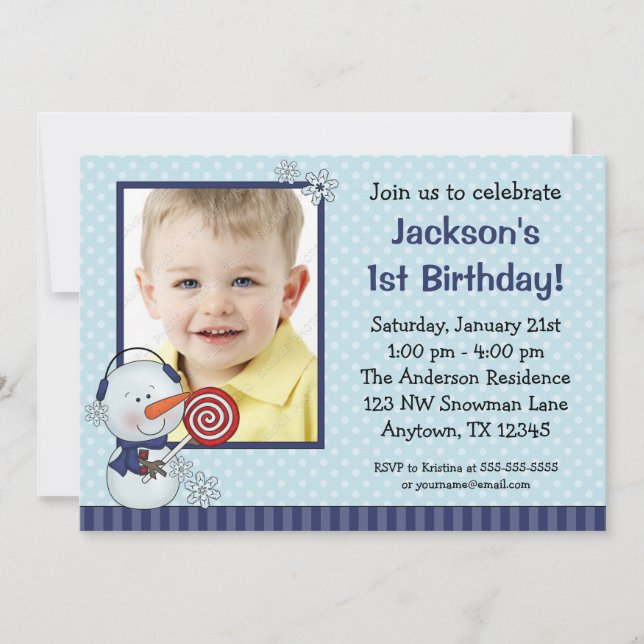 Invitación Foto de Snowman Blue Winter Cumpleaños (Anverso)
