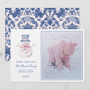 Invitación Foto de Snowman de Damask, nieto rosa y azul