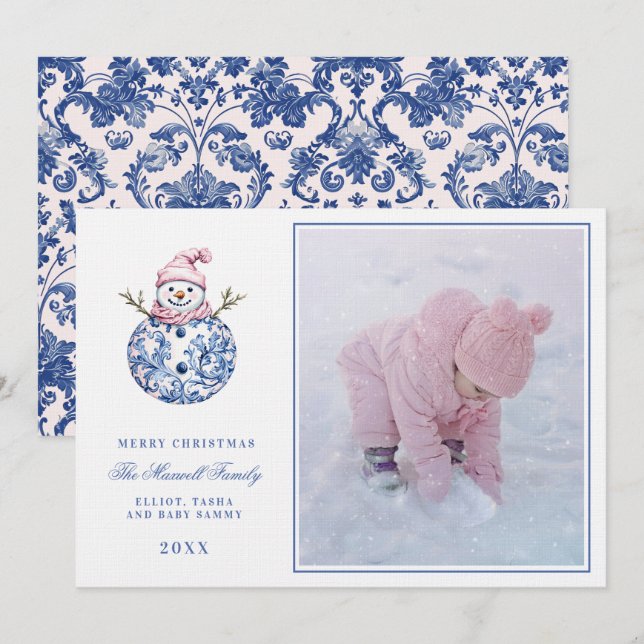 Invitación Foto de Snowman de Damask, nieto rosa y azul (Anverso / Reverso)