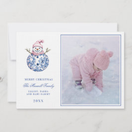 Invitación Foto de Snowman de Damask, nieto rosa y azul