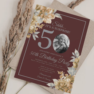 Invitación Foto de SOPresa 50 cumpleaños floral dorado burgun