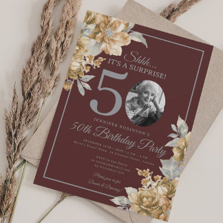 Invitación Foto de SOPresa 50 cumpleaños floral dorado burgun