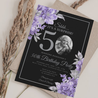 Invitación Foto de SOPresa Cumpleaños 50 Morado Floral Negro