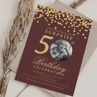 Invitación Foto de SORPRESA 50 Cumpleaños Confeti Dorado Burg