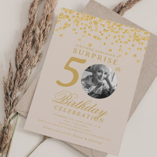 Invitación Foto de sorpresa 50 cumpleaños confeti dorado cham