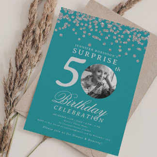 Invitación Foto de sorpresa 50 cumpleaños confeti plateado az