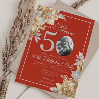 Invitación Foto de SORPRESA 50 cumpleaños Floral Dorado Rojo