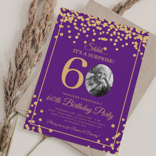 Invitación Foto de SORPRESA 60 Cumpleaños Dorado Confeti Purp