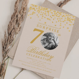 Invitación Foto de SORPRESA 70 Cumpleaños Confeti Dorado Cham