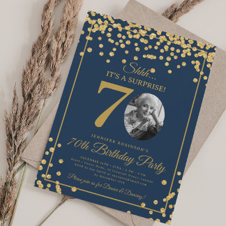 Invitación Foto de sorpresa 70 cumpleaños dorado brillo azul