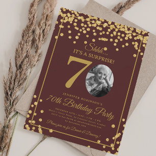 Invitación Foto de sorpresa 70 cumpleaños dorado brillo burgu
