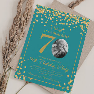 Invitación Foto de sorpresa 70 cumpleaños dorado brillo turqu