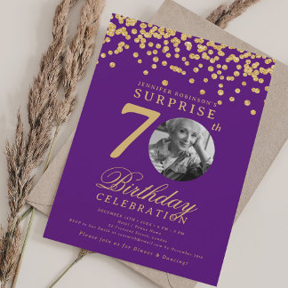 Invitación Foto de sorpresa 70 cumpleaños dorado confeti púrp