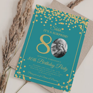 Invitación Foto de sorpresa 80 Cumpleaños Dorado Confeti Turq