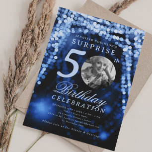 Invitación Foto de sorpresa cumpleaños 50 azul marino luces g