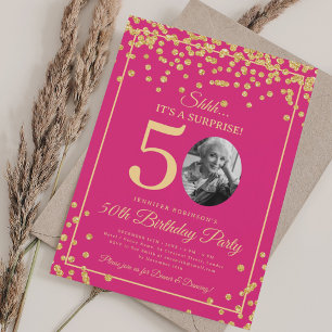 Invitación Foto de SORPRESA Cumpleaños 50 Dorado Brillo Rosa