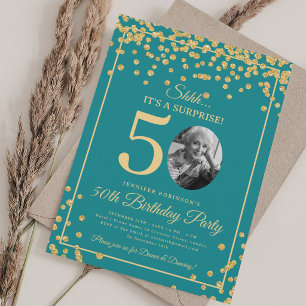 Invitación Foto de sorpresa Cumpleaños 50 Dorado Brillo Turqu