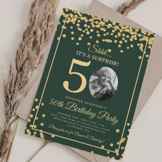 Invitación Foto de sorpresa Cumpleaños 50 Dorado Brillo Verde