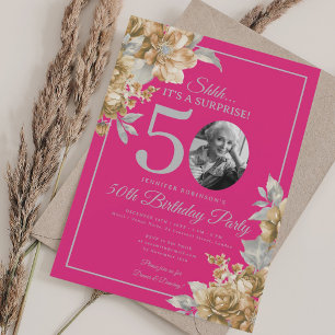 Invitación Foto de SORPRESA Cumpleaños 50 Dorado Floral Rosa