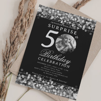 Invitación Foto de SORPRESA Cumpleaños 50 Party Luces Platead