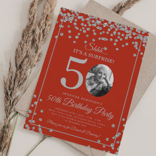 Invitación Foto de SORPRESA Cumpleaños 50 Party Plata Rojo