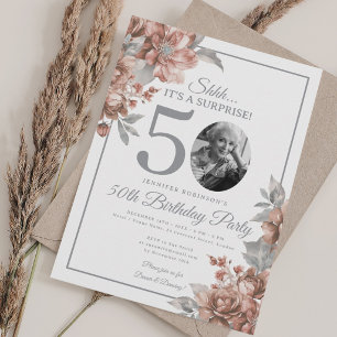 Invitación Foto de SORPRESA Cumpleaños 50 Rosado Dorado Flora