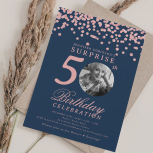 Invitación Foto de SORPRESA Cumpleaños 50 Rose Gold Azul Mari