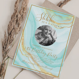 Invitación Foto de SORPRESA Cumpleaños 50 Turquesa Mármol 