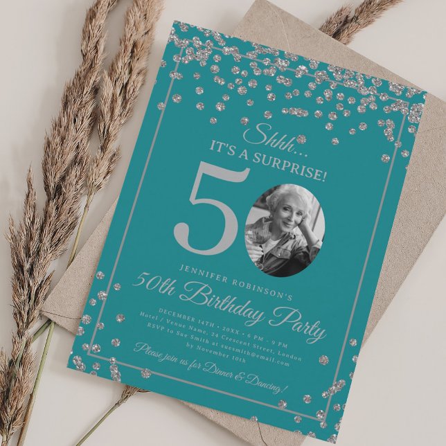 Invitación Foto de Sorpresa Cumpleaños 50 Turquesa Plateado (SURPRISE Photo 50th Birthday Silver Turquoise Invitation)