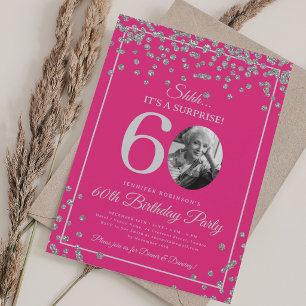 Invitación Foto de sorpresa Cumpleaños 60 años Plateado Rosa