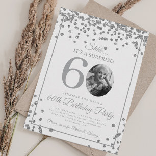 Invitación Foto de SORPRESA Cumpleaños 60 Glitter Plateado Co