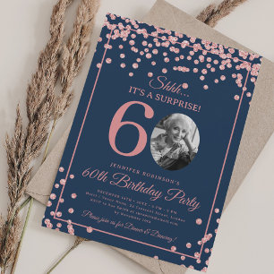Invitación Foto de SORPRESA Cumpleaños 60 Rosado Dorado Azul