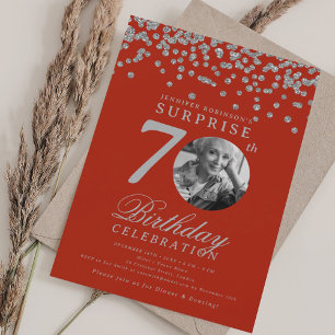 Invitación Foto de SORPRESA Cumpleaños 70 años Plata Rojo