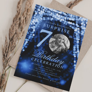 Invitación Foto de SORPRESA Cumpleaños 70 Azul Luces Glam