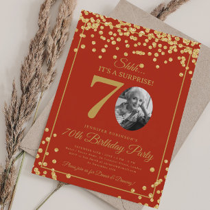 Invitación Foto de sorpresa Cumpleaños 70 dorado brillo Rojo