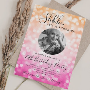 Invitación Foto de SORPRESA Cumpleaños 70 Ombre Rosa Bokeh