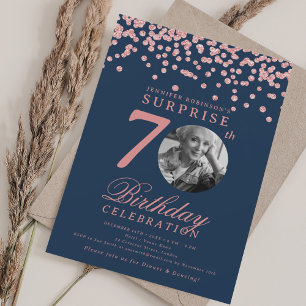 Invitación Foto de SORPRESA Cumpleaños 70 Rosado Dorado Azul
