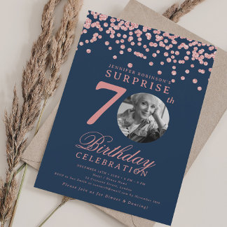 Invitación Foto de SORPRESA Cumpleaños 70 Rosado Dorado Azul