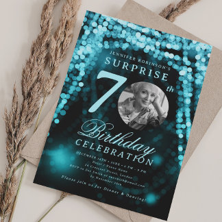 Invitación Foto de SORPRESA Cumpleaños 70 Turquesa Glam