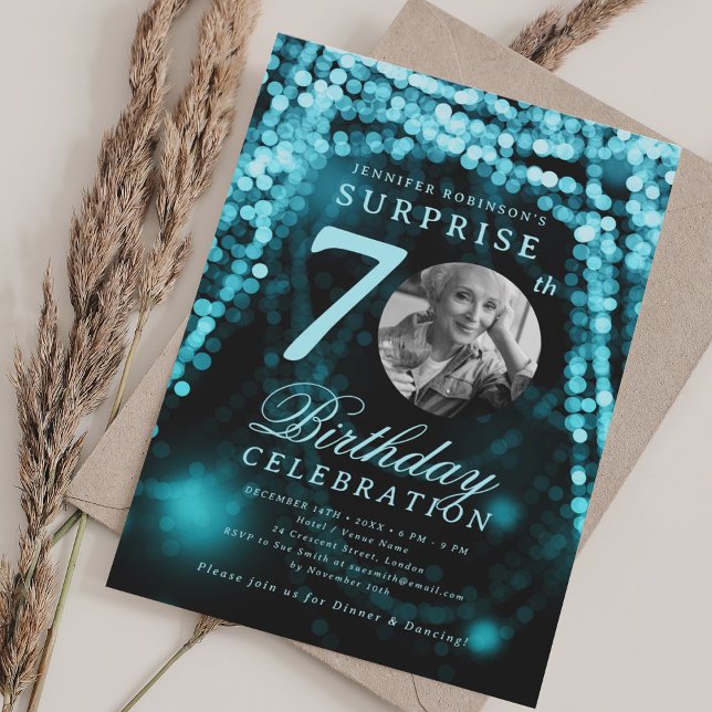 Invitación Foto de SORPRESA Cumpleaños 70 Turquesa Glam  (SURPRISE Photo 70th Birthday Turquoise Glam Invitation)