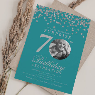 Invitación Foto de sorpresa Cumpleaños 70 Turquesa Plata