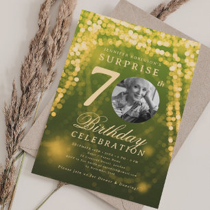 Invitación Foto de SORPRESA Cumpleaños 70 Verde Dorado Glam