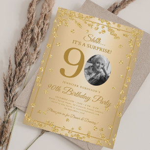 Invitación Foto de SORPRESA Cumpleaños 90 años Dorado Glam Co