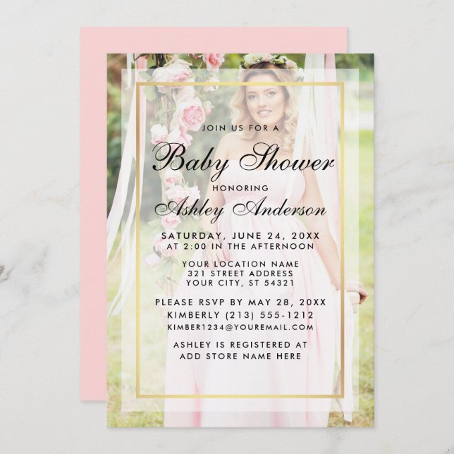 Invitación Foto de superposición rosa dorada de Baby Shower m (Anverso / Reverso)
