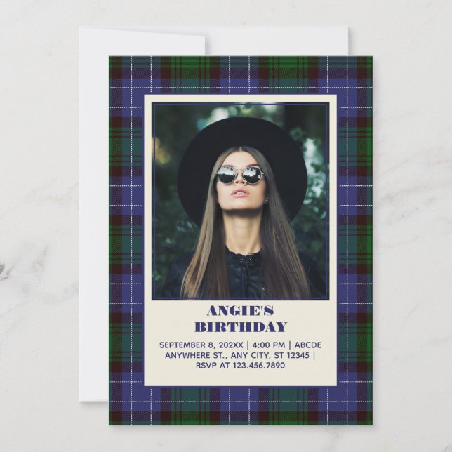 Invitación Foto de tartán morado y verde (Anverso)