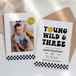 Invitación Foto de tercer cumpleaños de niño salvaje y de tre