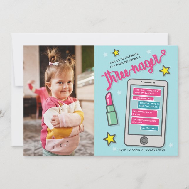 Invitación Foto de tercer cumpleaños de Threenager que cumple (Anverso)