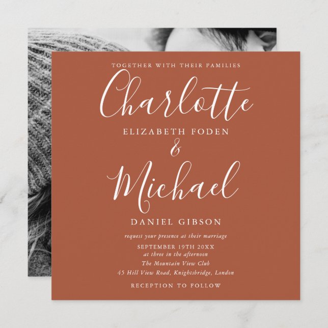 Invitación Foto de Terracotta Signature Script Boda (Anverso / Reverso)