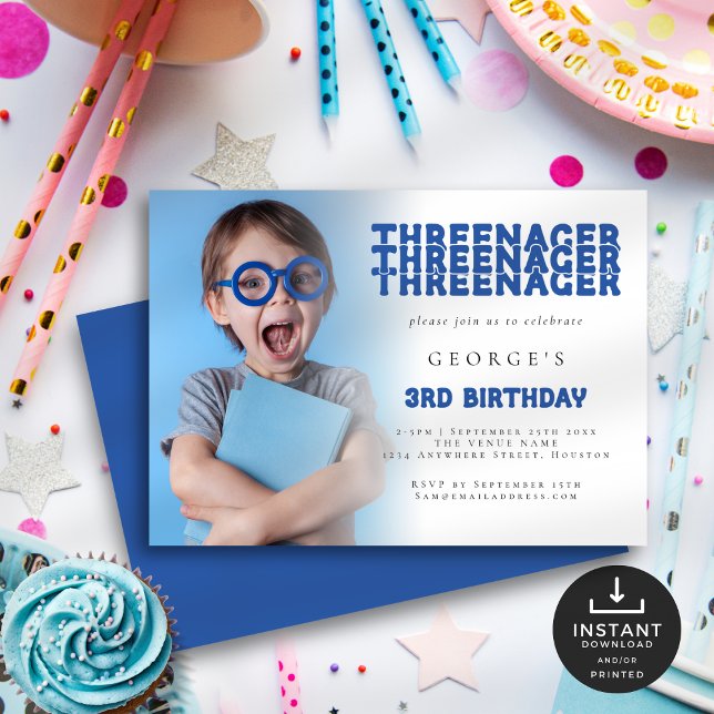 Invitación Foto de Threenager Overlay 3er cumpleaños Fiesta A (Front and back view)